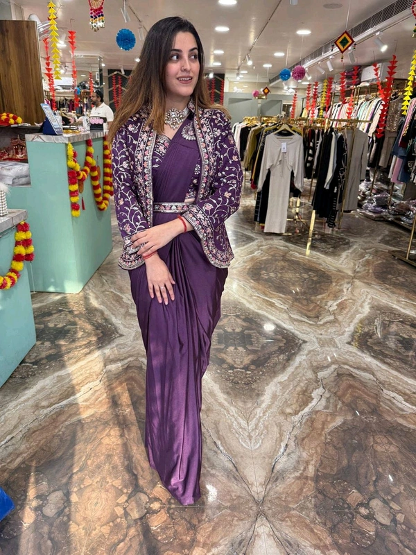 DSS 5603 * Ready To Wear Saree With Jacket Saree Heavy Diamond Satin Multi Thread Embroidery Patch Work Butta - Purple, 2XL