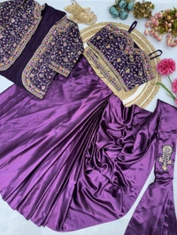DSS 5603 * Ready To Wear Saree With Jacket Saree Heavy Diamond Satin Multi Thread Embroidery Patch Work Butta - Purple, 2XL