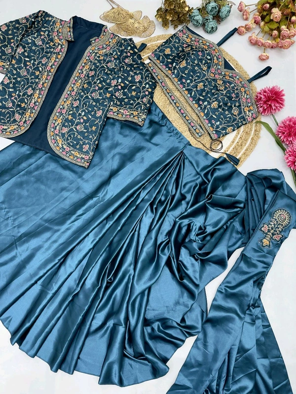 DSS 5603 * Ready To Wear Saree With Jacket Saree Heavy Diamond Satin Multi Thread Embroidery Patch Work Butta - Royal Blue, 2XL