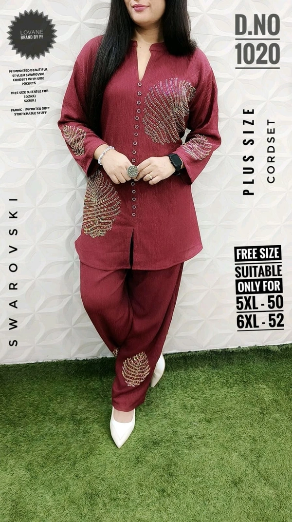 PFD 1020 IMPORTED BEAUTIFUL STYLISH  CORD SET WITH SWAROVSKI WORK SUPERB QUALITY IMPORTED STUFF - Maroon, 6XL-52