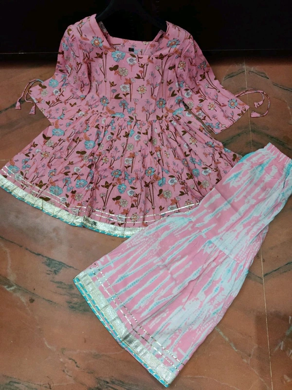 SF3  5606 Heavy. Printed Reyon diziner  pemplum kurti & sharara with one side with beautiful havy shaded organza dupatta beautiful gota work - M-38