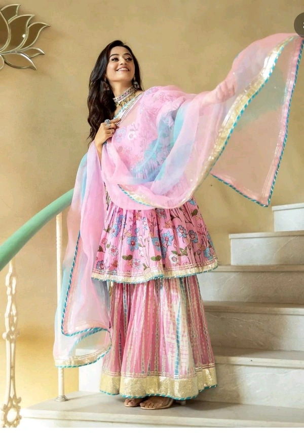 SF3  5606 Heavy. Printed Reyon diziner  pemplum kurti & sharara with one side with beautiful havy shaded organza dupatta beautiful gota work - L-40