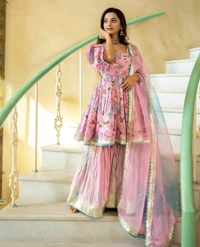 SF3  5606 Heavy. Printed Reyon diziner  pemplum kurti & sharara with one side with beautiful havy shaded organza dupatta beautiful gota work - XL-42