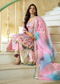 SF3  5606 Heavy. Printed Reyon diziner  pemplum kurti & sharara with one side with beautiful havy shaded organza dupatta beautiful gota work - 3XL-46