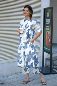 SF2  5607 *New Cotton  Cord set cotton kurti Palazza set*Launching designer Co-erd set in Aline pattern paried with Ankle length pant  - Blue, L-40