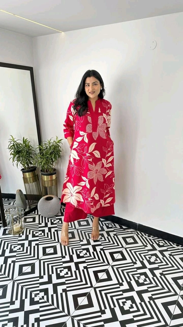 SF2  5609 💜 *Pure Cotton Kurta Pant plazo in Beautiful Floral Prints - Red, XL-42