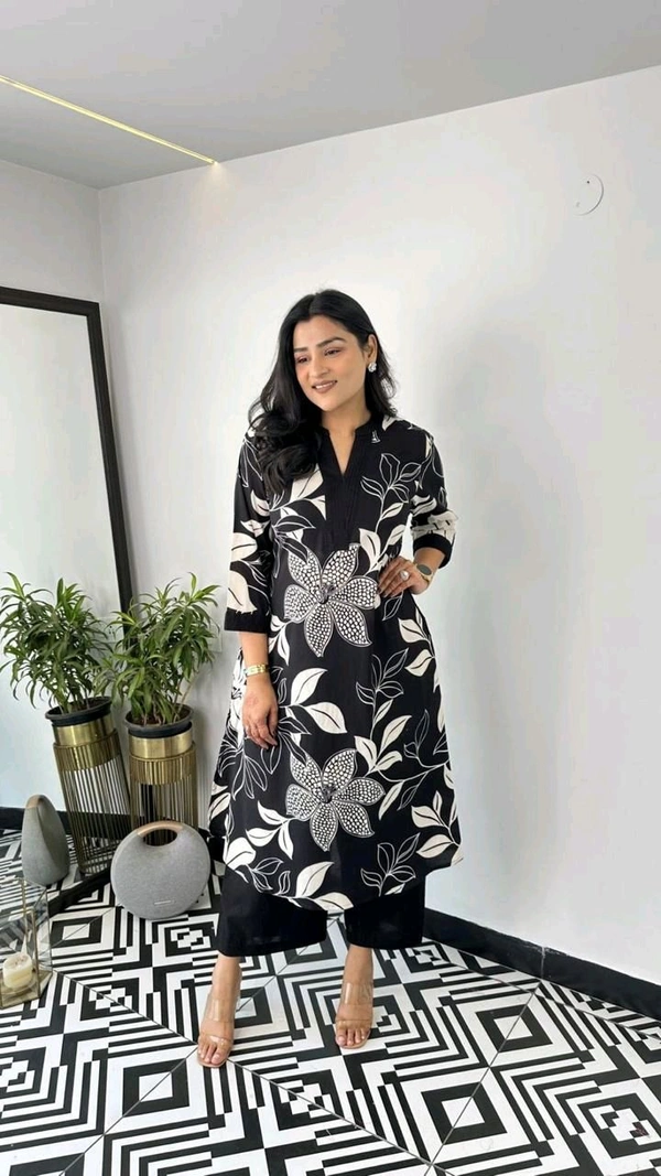 SF2  5609 💜 *Pure Cotton Kurta Pant plazo in Beautiful Floral Prints - Black, 3XL-46