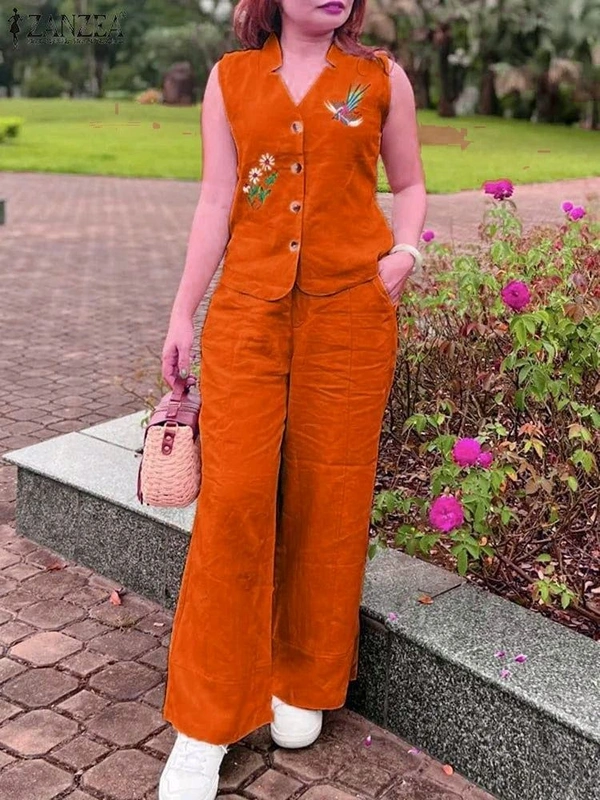 SF2  5611 *New launch💃coord - sets cotton slub plazo with  pocket  - Orange, M-38