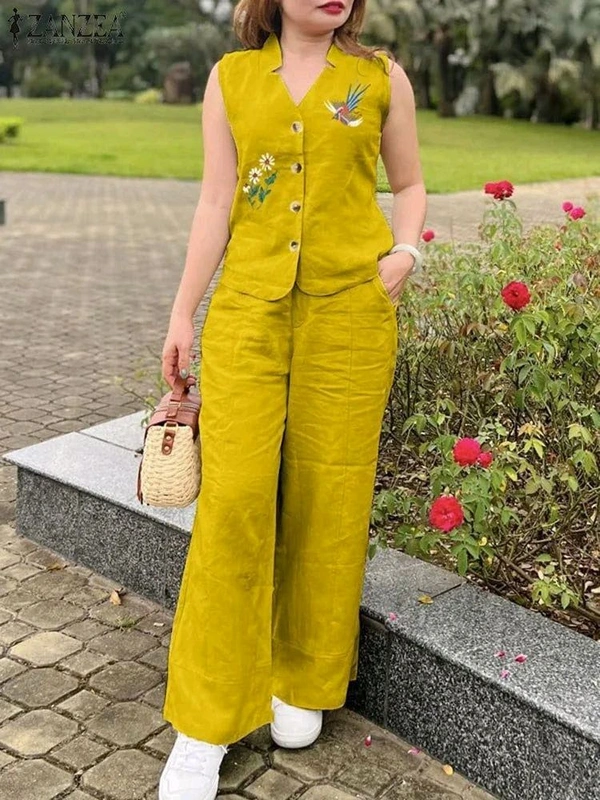SF2  5611 *New launch💃coord - sets cotton slub plazo with  pocket  - Yellow, M-38