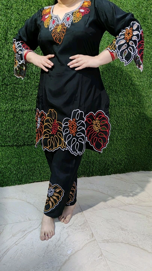 KD18  5612 ROMAN SILK PANTSUIT ROMAN SILK KURTI LENGTH LENGTH PANT  - Black, 2XL-44