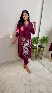 SF5  5622 
Pure Linen Cotton Kurta Pants With Katha Work 
embroidery work*
 - M-38, Purple