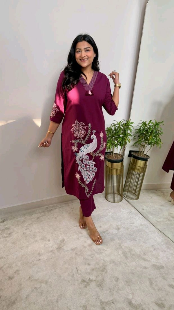 SF5  5622 
Pure Linen Cotton Kurta Pants With Katha Work 
embroidery work*
 - M-38, Purple