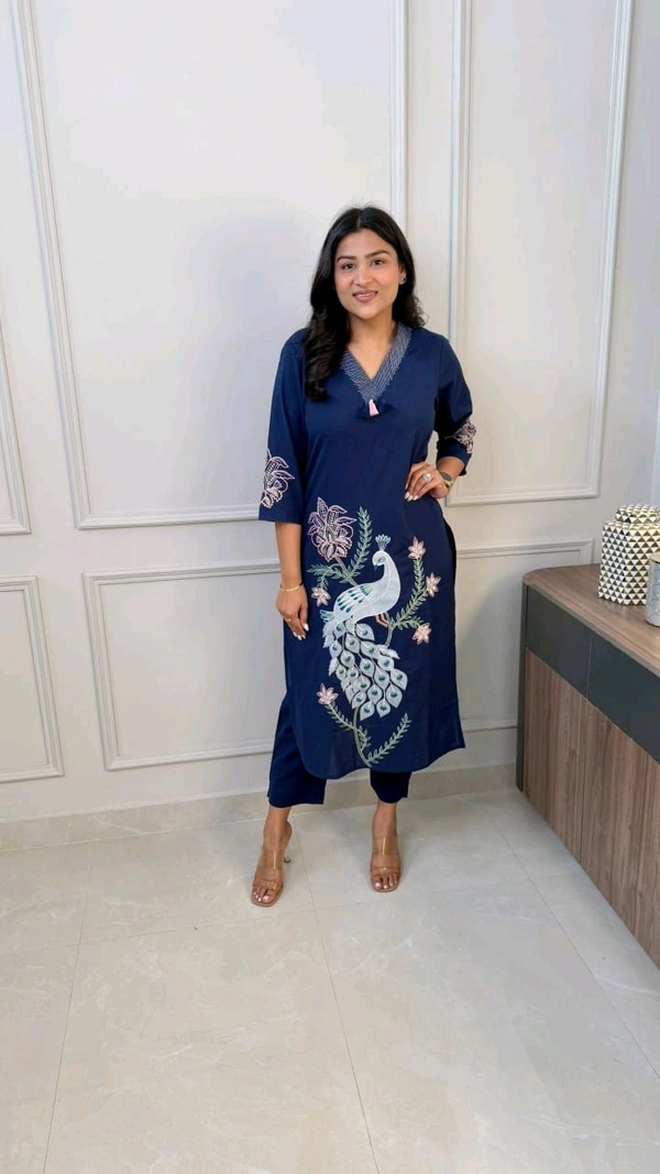 SF5  5622 
Pure Linen Cotton Kurta Pants With Katha Work 
embroidery work*
 - M-38, Blue