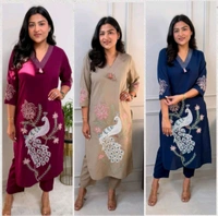 SF5  5622 
Pure Linen Cotton Kurta Pants With Katha Work 
embroidery work*
 - M-38, Blue