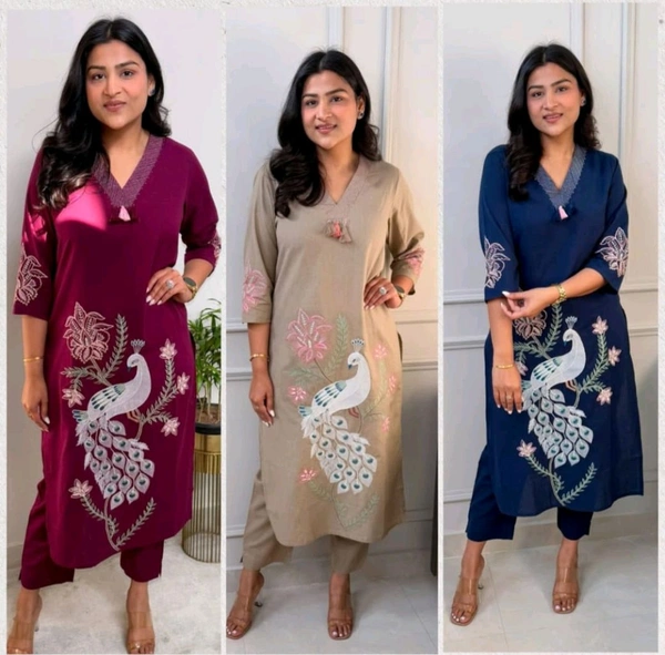 SF5  5622 
Pure Linen Cotton Kurta Pants With Katha Work 
embroidery work*
 - M-38, Blue