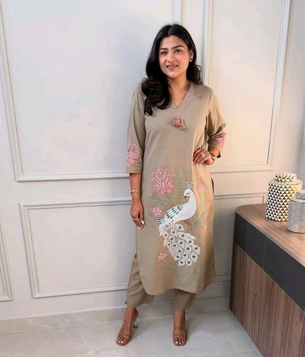 SF5  5622 
Pure Linen Cotton Kurta Pants With Katha Work 
embroidery work*
 - M-38, Brown