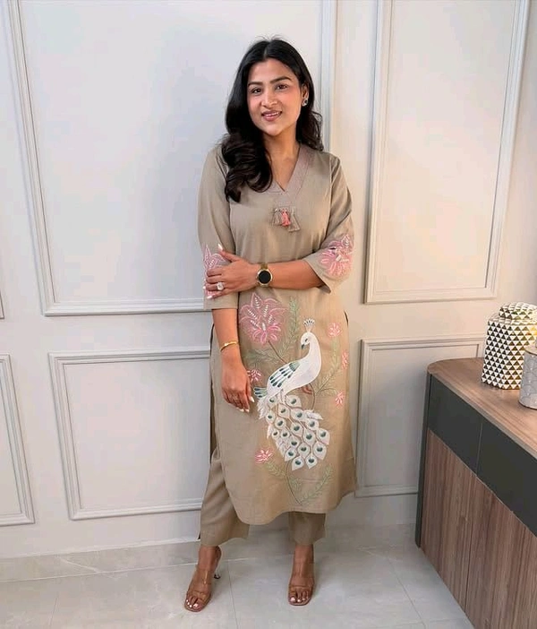 SF5  5622 
Pure Linen Cotton Kurta Pants With Katha Work 
embroidery work*
 - M-38, Brown