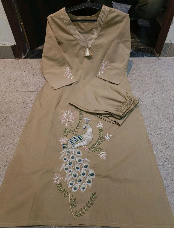 SF5  5622 
Pure Linen Cotton Kurta Pants With Katha Work 
embroidery work*
 - M-38, Brown