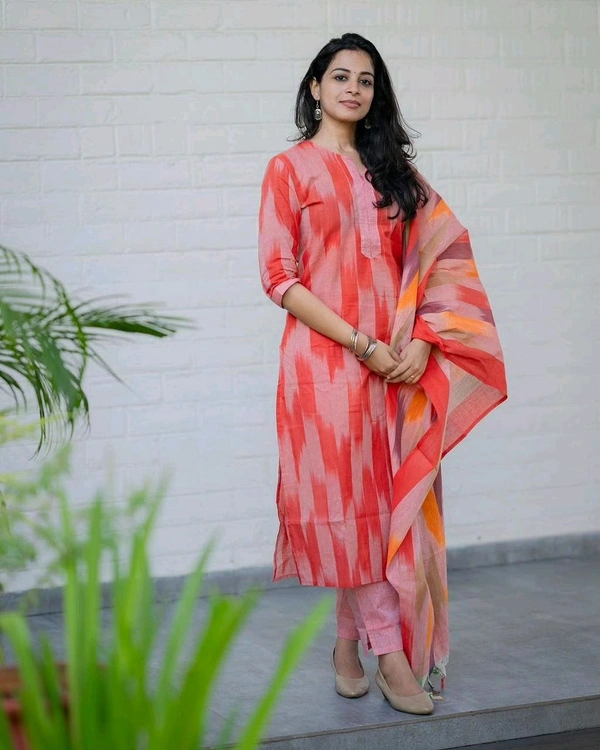 LCJ 5623 Pure fine South cotton Pant Kurta  handloom cotton dupatta - Red, XL-42