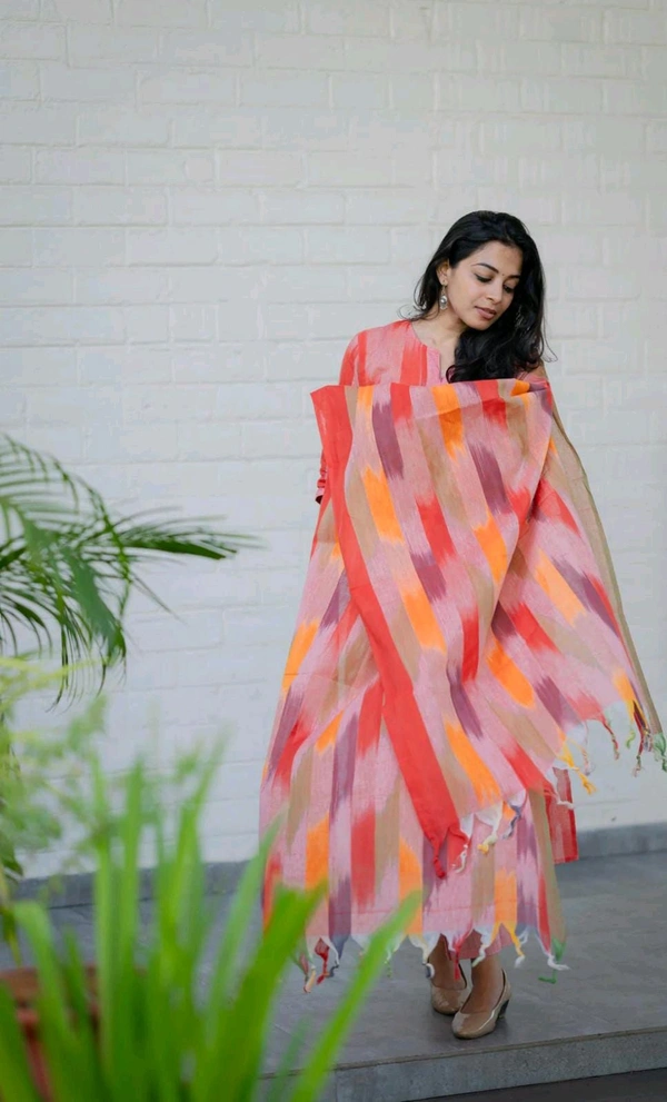 LCJ 5623 Pure fine South cotton Pant Kurta  handloom cotton dupatta - Red, XL-42