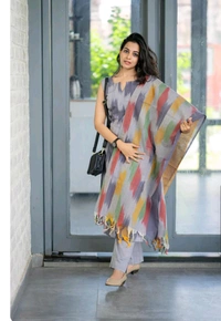 LCJ 5623 Pure fine South cotton Pant Kurta  handloom cotton dupatta - Gray, M-38