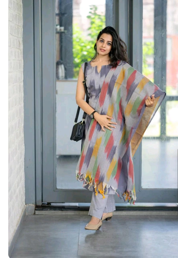 LCJ 5623 Pure fine South cotton Pant Kurta  handloom cotton dupatta - Gray, M-38