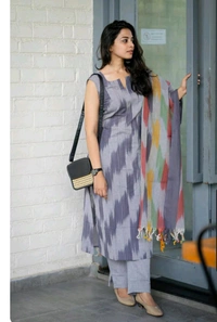 LCJ 5623 Pure fine South cotton Pant Kurta  handloom cotton dupatta - Gray, L-40