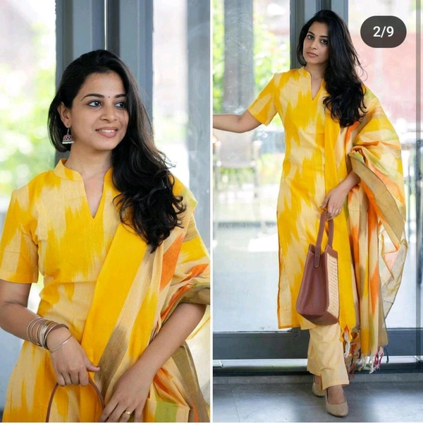 LCJ 5623 Pure fine South cotton Pant Kurta  handloom cotton dupatta - Yellow, M-38