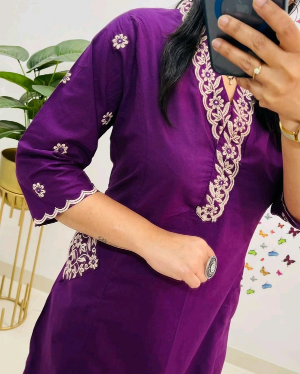 LCJ 5619 Designer Cotton* With Heavy thread Kurta pant Embroidery work side Pockets... - Purple, M-38