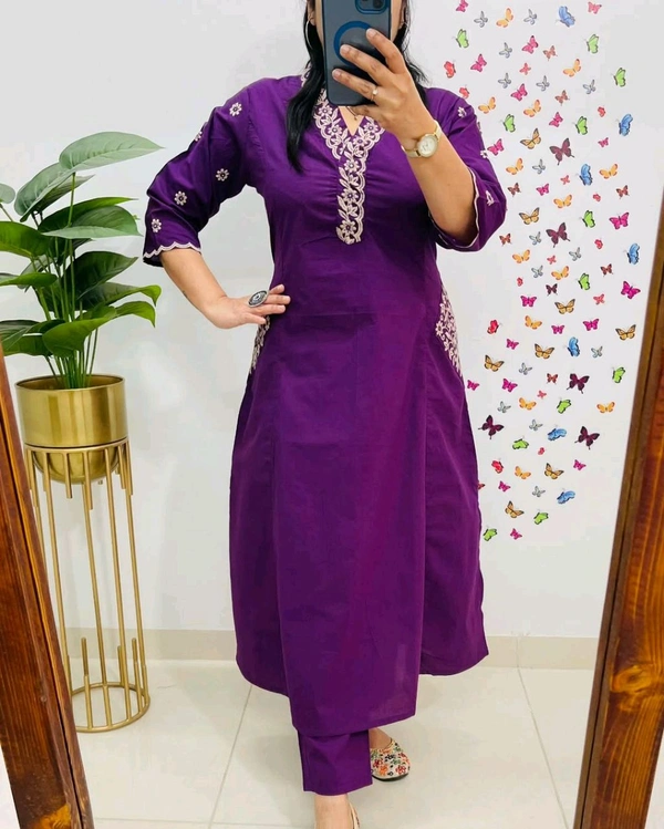 LCJ 5619 Designer Cotton* With Heavy thread Kurta pant Embroidery work side Pockets... - Purple, XL-42