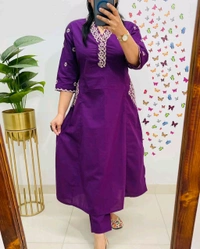 LCJ 5619 Designer Cotton* With Heavy thread Kurta pant Embroidery work side Pockets... - Purple, 2XL-44