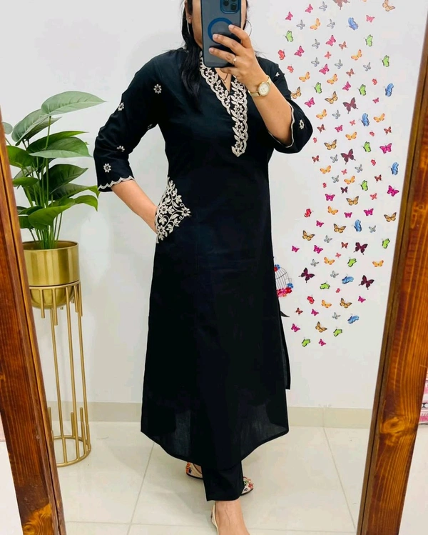 LCJ 5619 Designer Cotton* With Heavy thread Kurta pant Embroidery work side Pockets... - Black, 2XL-44