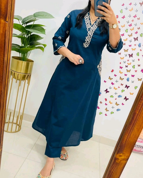 LCJ 5619 Designer Cotton* With Heavy thread Kurta pant Embroidery work side Pockets... - Blue, M-38