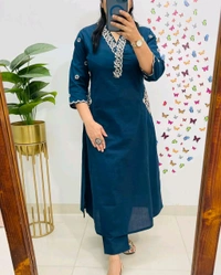 LCJ 5619 Designer Cotton* With Heavy thread Kurta pant Embroidery work side Pockets... - Blue, XL-42