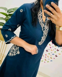 LCJ 5619 Designer Cotton* With Heavy thread Kurta pant Embroidery work side Pockets... - Blue, XL-42