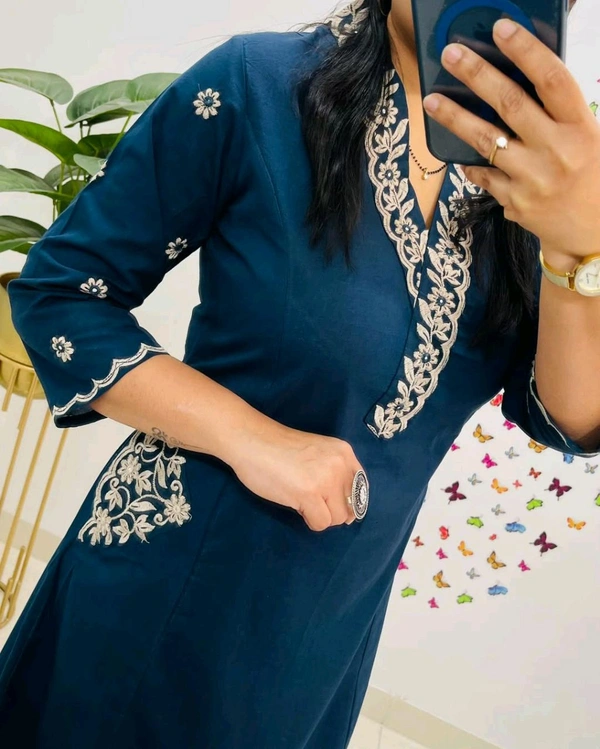 LCJ 5619 Designer Cotton* With Heavy thread Kurta pant Embroidery work side Pockets... - Blue, XL-42