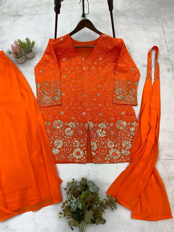 DSS 5622 *DESIGNER TRENDING TOP WITH SEQUENCE EMBROIDERY WORK PLAZZO EMBROIDERY WORK BELT  - Orange, L-40
