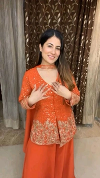 DSS 5622 *DESIGNER TRENDING TOP WITH SEQUENCE EMBROIDERY WORK PLAZZO EMBROIDERY WORK BELT  - Orange, XL-42