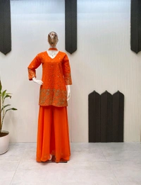 DSS 5622 *DESIGNER TRENDING TOP WITH SEQUENCE EMBROIDERY WORK PLAZZO EMBROIDERY WORK BELT  - Orange, XL-42