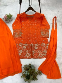 DSS 5622 *DESIGNER TRENDING TOP WITH SEQUENCE EMBROIDERY WORK PLAZZO EMBROIDERY WORK BELT  - Orange, XL-42