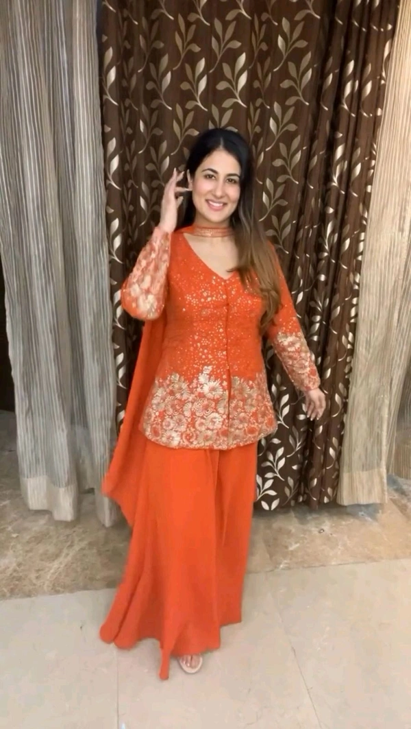 DSS 5622 *DESIGNER TRENDING TOP WITH SEQUENCE EMBROIDERY WORK PLAZZO EMBROIDERY WORK BELT  - Orange, 2XL-44