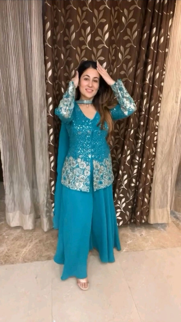 DSS 5622 *DESIGNER TRENDING TOP WITH SEQUENCE EMBROIDERY WORK PLAZZO EMBROIDERY WORK BELT  - Blue, M-38