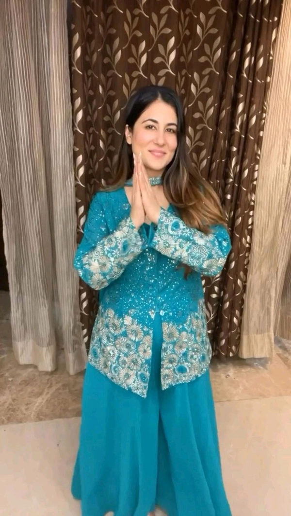 DSS 5622 *DESIGNER TRENDING TOP WITH SEQUENCE EMBROIDERY WORK PLAZZO EMBROIDERY WORK BELT  - Blue, M-38