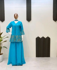 DSS 5622 *DESIGNER TRENDING TOP WITH SEQUENCE EMBROIDERY WORK PLAZZO EMBROIDERY WORK BELT  - Blue, M-38
