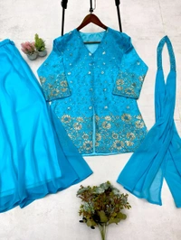 DSS 5622 *DESIGNER TRENDING TOP WITH SEQUENCE EMBROIDERY WORK PLAZZO EMBROIDERY WORK BELT  - Blue, M-38