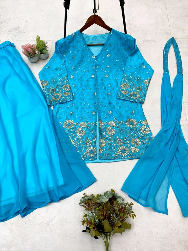 DSS 5622 *DESIGNER TRENDING TOP WITH SEQUENCE EMBROIDERY WORK PLAZZO EMBROIDERY WORK BELT  - Blue, M-38