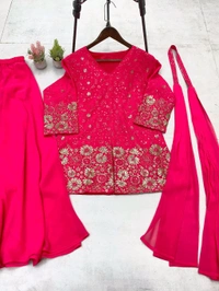 DSS 5622 *DESIGNER TRENDING TOP WITH SEQUENCE EMBROIDERY WORK PLAZZO EMBROIDERY WORK BELT  - pink, XL-42