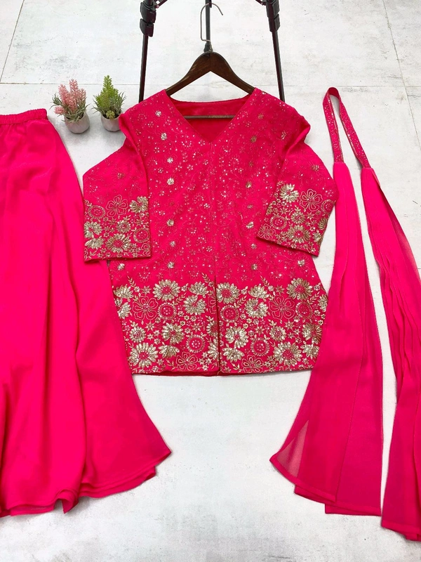 DSS 5622 *DESIGNER TRENDING TOP WITH SEQUENCE EMBROIDERY WORK PLAZZO EMBROIDERY WORK BELT  - pink, XL-42