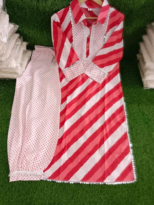 LCJ 5624 *New Lahriya print cotton kurti 
with afgani pen - Red, 2XL-44
