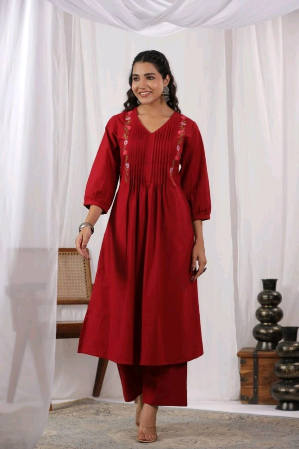 SF5 5631 Heavy Cotton With  embroidered  work Kurti Paired With Pant 
 - Red, M-38